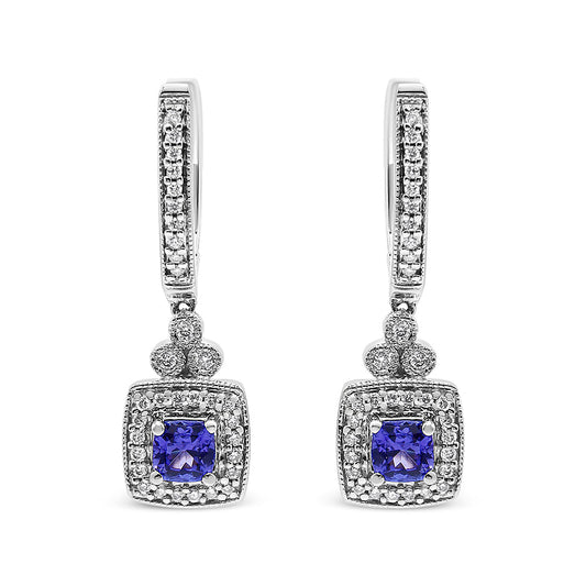 14K White Gold 4x4 mm Cushion Shaped Blue Tanzanite and 1/3 Cttw