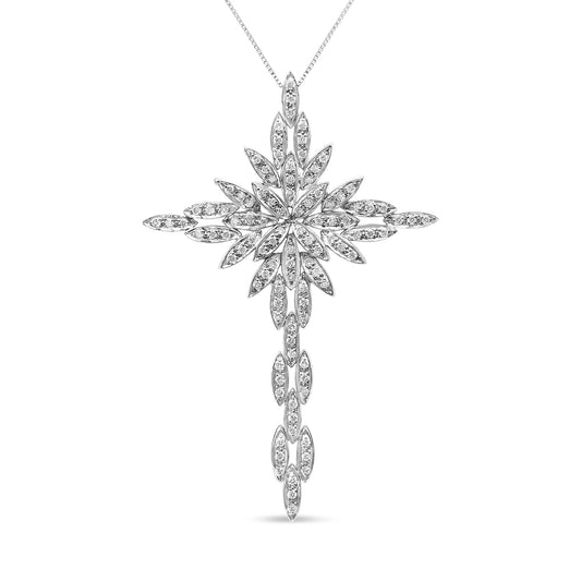 14K White Gold 1.0 Cttw Cocktail Cluster Cross 18" Pendant Necklace