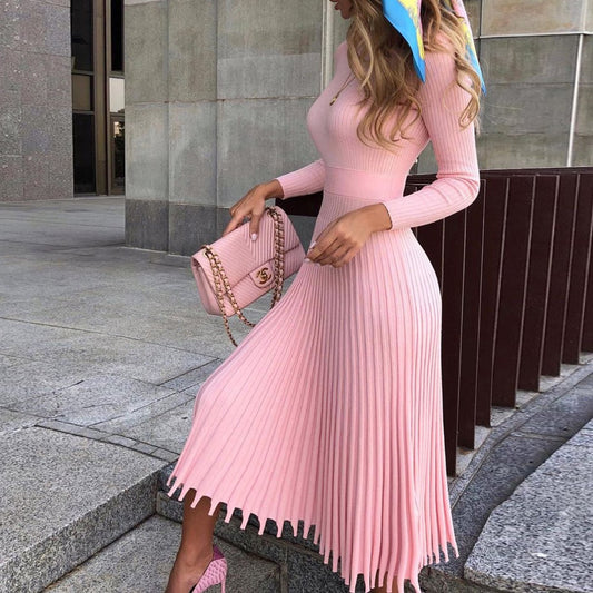 Solid Color Pleated Long Sweater Knitted Dress