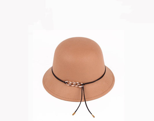 Solid Color Woolen Round Cap Chain Decoration Women's Basin Hat