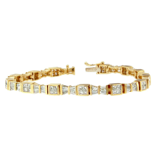 14K Yellow Gold Princess and Baguette Cut Diamond Bow Bracelet (5 3/4