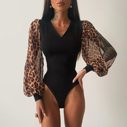 Leopard Puff Long Sleeve Bodysuit V Neck Bodycon Sexy Party Elegant